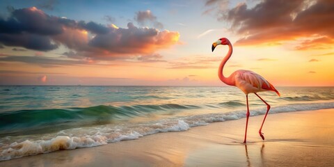 Wall Mural - Pink flamingo standing alone on a white sand beach at sunset , sunset, nature,  sunset, nature, peaceful