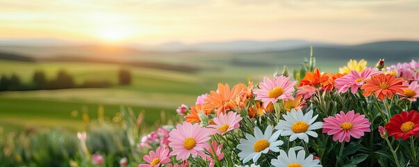 Wall Mural - Garden blooms nature concept. Colorful flowers in a lush landscape during a beautiful sunset.