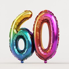 Wall Mural - 3D number 60 with Shaped rainbow Foil Balloons realistic modern design, soft lighting, bright white background