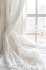 Poster - Freshly laundered white sheets are being delicately spread on a bed, enhanced by soft natural light streaming through sheer curtains, creating a calm and peaceful atmosphere