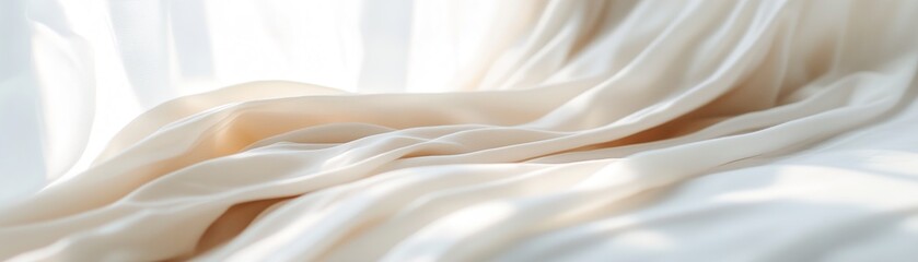 Poster - Freshly laundered white sheets are spread across a bed, bathed in soft natural light that filters through sheer curtains, creating a tranquil and inviting atmosphere