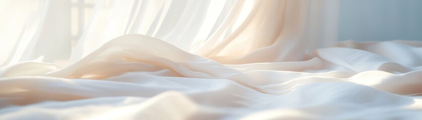 Poster - Freshly laundered white sheets are gently laid on a bed, illuminated by soft natural light flowing through sheer curtains. The atmosphere feels serene and peaceful, inviting relaxation