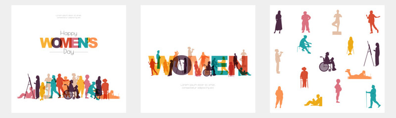 happy women's day set. different women stand together.