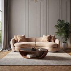 Wall Mural - Elegant living room with curved sofa and stylish coffee table in modern interior design