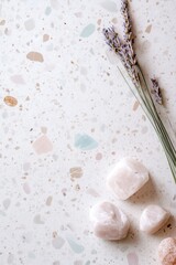 Poster - Delicate terrazzo design features mint green, blush pink, and lavender speckles on a creamy white base. Natural elements like lavender and smooth stones add an elegant touch, ideal for modern designs