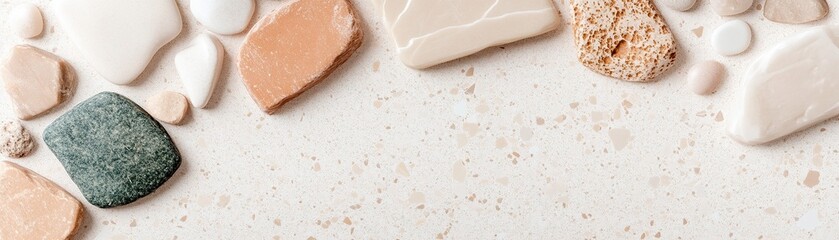 Poster - This terrazzo pattern features soft earthy tones of terracotta, olive green, and sandstone, set against a warm beige base, bringing a serene ambiance to contemporary interiors