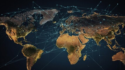 Poster - Global network map highlighting connections between continents and major cities at night