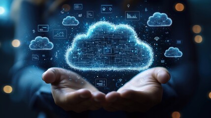 Poster - Glowing Cloud Technology Concept with Data Streaming and Digital Connections Representing Future Innovations in Information Sharing and Storage