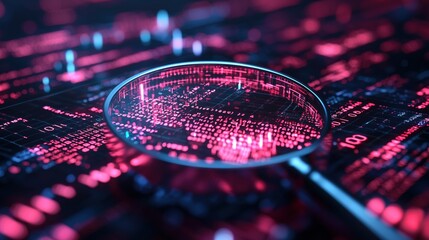 Fototapete - Abstract Digital Background Featuring Data Streams with a Magnifying Glass Enhancing Information in Vibrant Neon Colors