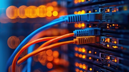 Poster - Brightly Lit Network Server Rack with Colorful Ethernet Cables Connected to High-Tech Equipment in a Data Center Environment