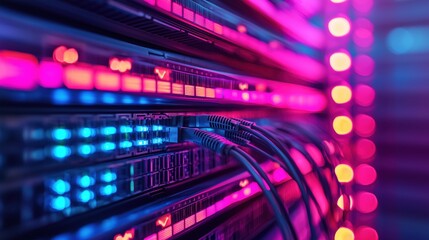Poster - Vibrant Data Center Background with Illuminated Rack Servers and Colorful Cables for Technology and Networking Concepts