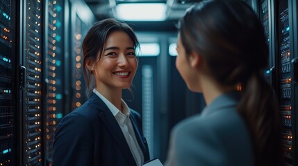 Poster - Business professionals discussing technology solutions in a modern data center with server racks and bright LED indicators, showcasing teamwork and communication.