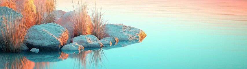 Wall Mural - tranquil reflection of colorful sunset over serene water with stones and grass blades