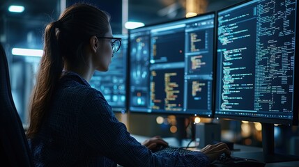 Fototapete - Focused Software Developer Working at Computer Desk Surrounded by Multiple Monitors Displaying Code and Data in a Modern Office Environment