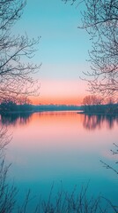 Wall Mural - serene twilight reflections over calm water surrounded by leafless trees at dusk