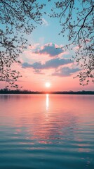 Wall Mural - serene sunset over calm lake with colorful sky and reflections in tranquil nature setting