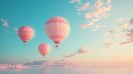Wall Mural - Colorful Hot Air Balloons Floating Over Serene Landscape During Vibrant Sunrise Sky