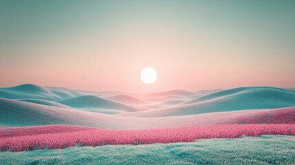 Wall Mural - serene landscape with rolling hills and soft pink flowers under gentle sunrise sky
