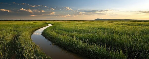 Wall Mural - Savannah grassland nature idea. A tranquil river winding through lush green fields under a serene sky.