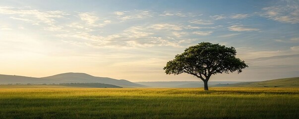 Wall Mural - Savannah grassland nature idea. A serene landscape featuring a solitary tree against a beautiful sky.