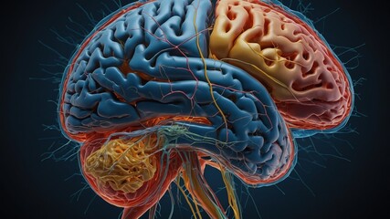 Poster - Detailed anatomical illustration of a human brain highlighting distinct regions and neural connections