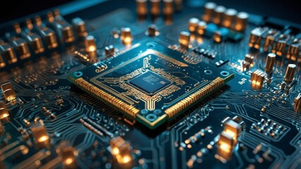 Poster - circuit board with glowing components and intricate design showcasing technology in detail