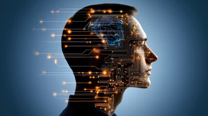 Poster - Abstract design featuring a human head profile with a circuit board pattern against a blue backdrop, showcasing artificial intelligence