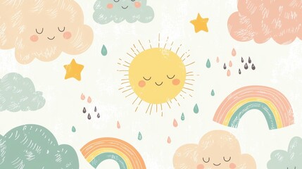 Poster - Cute Illustrated Sun, Clouds, Rainbows, and Stars on Soft Background