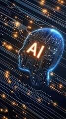 Poster - This digital artwork features a human silhouette and circuit board texture, highlighting the world of artificial intelligence