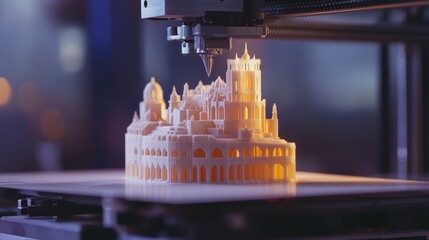 Poster - 3D printer creating a detailed miniature of a building layer by layer, showing the precision of modern technology.