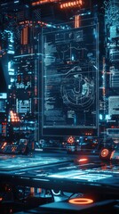 Poster - Futuristic Digital Control Room with Glowing Interfaces and Screens