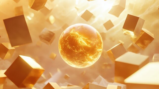 3D rendering of a sphere surrounded by floating pyramids and cubes, illustrating the interaction between different shapes in a dynamic, visually striking composition.