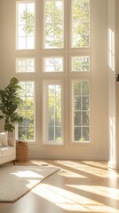 Wall Mural - Bright and Spacious Living Room with Large Windows and Greenery