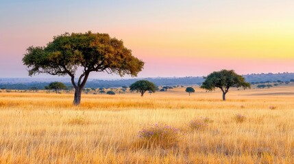 Wall Mural - Savannah grassland nature idea. Beautiful sunset over a golden grassland with scattered trees creating a serene atmosphere.