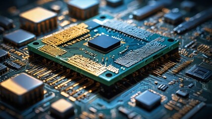 Poster - close-up view of a microprocessor on a circuit board highlighting intricate electronic connections a