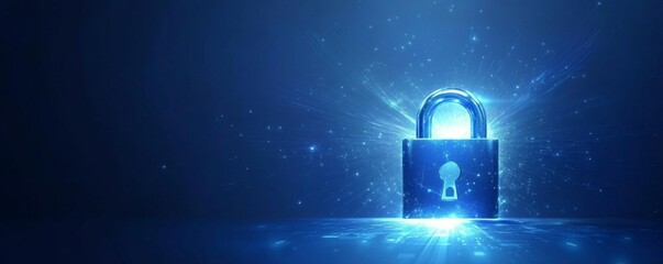 Wall Mural - abstract background with security and cyber concept, a padlock on a blue technology digital illustra