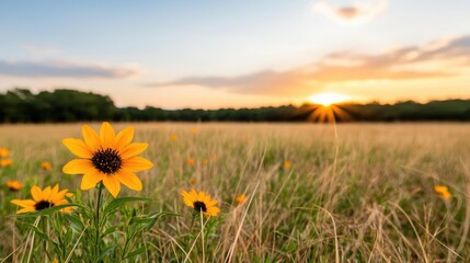 Wall Mural - Savannah grassland nature idea. A beautiful sunflower blooms in a field during sunset, showcasing nature's vibrant colors.