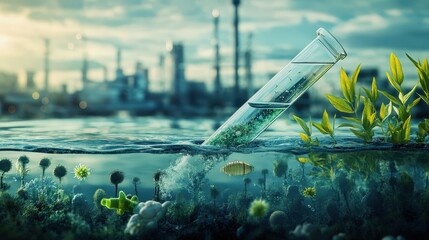 Poster - biotech company innovating in bioremediation, using microorganisms to clean up environmental pollution and restore ecosystems affected by industrial waste.