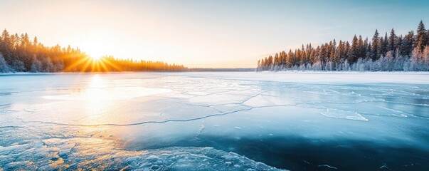 Wall Mural - Frozen lake nature concept. A breathtaking winter landscape featuring a frozen lake and a stunning sunrise.