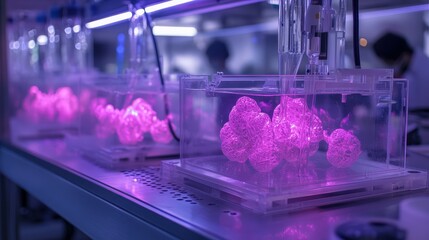 Poster - A biotechnology lab where scientists are 3D printing organs, with holographic interfaces showing live tissue growth simulations.