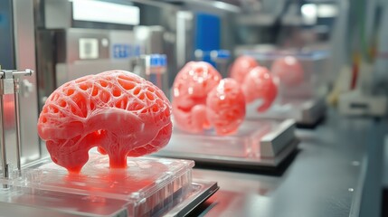 Poster - A biotechnology lab where scientists are 3D printing organs, with holographic interfaces showing live tissue growth simulations.