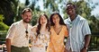 © Nina2024/peopleimages.com - People, portrait and outdoor with friends for party, reunion and bonding memories for social gathering. Diversity, hug and new years for holiday, birthday celebration or excited for summer vacation