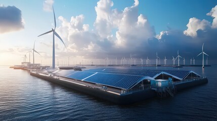 Poster - breakthrough in renewable energy technology, showing a massive floating solar farm and AI-controlled wind turbines optimizing energy production.