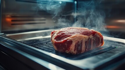 Poster - breakthrough innovation in food technology, where lab-grown meat and plant-based alternatives are developed to reduce environmental impact and meet future food demands