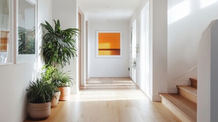 Poster - bright and airy hallway in a modern home with white walls and sleek wooden floors. T
