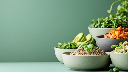 An array of colorful and nutritious ingredients beautifully arranged in modern bowls, showcasing a vibrant display of healthy meal prep options rich in colors and textures.