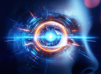 Poster - Abstract sci-fi double exposure image depicting a futuristic eye, glowing with vibrant blue and orange hues against a dark background.  Intricate technological details surround the eye, creating a sen