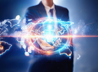 Poster - Abstract double exposure image. A businessman interacts with a glowing, futuristic world map, set against a dark sci-fi background.  The scene suggests global connection and technological advancement.