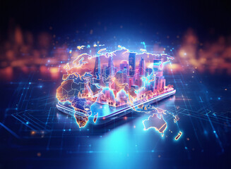 Aufkleber - Abstract sci-fi double exposure image.  A futuristic city skyline sits atop a world map displayed on a smartphone, against a dark, glowing background.