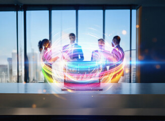 Poster - Abstract double exposure image.  Sci-fi styled glowing orb encircles a laptop on a table, with blurred business people in the background.  Modern office setting.